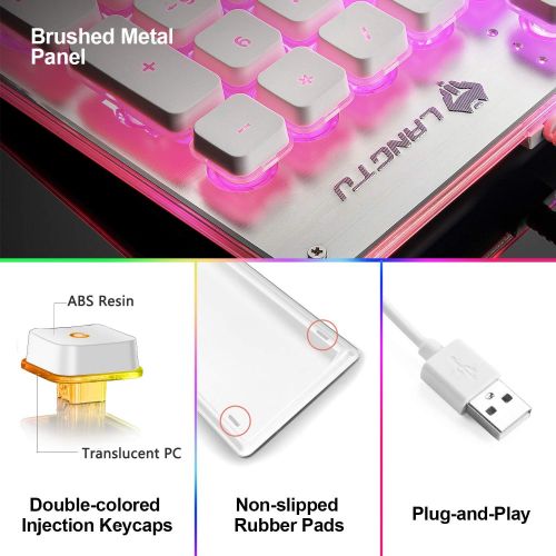  [아마존베스트]LANGTU Membrane Gaming Keyboard, Rainbow LED Backlit Quiet Keyboard for Office, USB Wired All-Metal Panel 25 Keys Anti-ghosting Computer Keyboard 104 Keys - L1 White/Silver