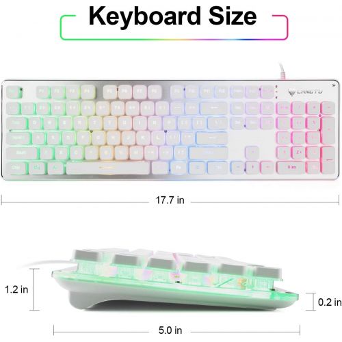  [아마존베스트]LANGTU Membrane Gaming Keyboard, Rainbow LED Backlit Quiet Keyboard for Office, USB Wired All-Metal Panel 25 Keys Anti-ghosting Computer Keyboard 104 Keys - L1 White/Silver