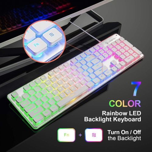  [아마존베스트]LANGTU Membrane Gaming Keyboard, Rainbow LED Backlit Quiet Keyboard for Office, USB Wired All-Metal Panel 25 Keys Anti-ghosting Computer Keyboard 104 Keys - L1 White/Silver