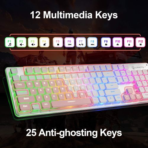  [아마존베스트]LANGTU Membrane Gaming Keyboard, Rainbow LED Backlit Quiet Keyboard for Office, USB Wired All-Metal Panel 25 Keys Anti-ghosting Computer Keyboard 104 Keys - L1 White/Silver