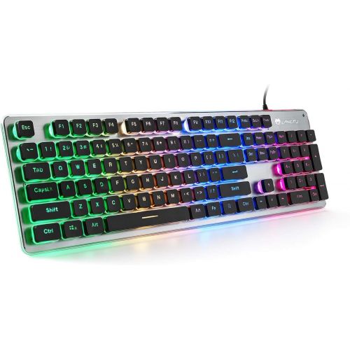  [아마존베스트]LANGTU Membrane Gaming Keyboard, Colorful LED Backlit Quiet Keyboard for Study, All-Metal Panel USB Wired 25 Keys Anti-ghosting Computer Keyboard 104 Keys - L1 Black/Silver