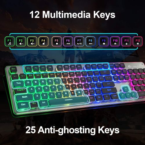 [아마존베스트]LANGTU Membrane Gaming Keyboard, Colorful LED Backlit Quiet Keyboard for Study, All-Metal Panel USB Wired 25 Keys Anti-ghosting Computer Keyboard 104 Keys - L1 Black/Silver
