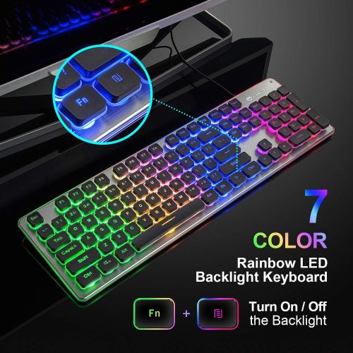  [아마존베스트]LANGTU Membrane Gaming Keyboard, Colorful LED Backlit Quiet Keyboard for Study, All-Metal Panel USB Wired 25 Keys Anti-ghosting Computer Keyboard 104 Keys - L1 Black/Silver