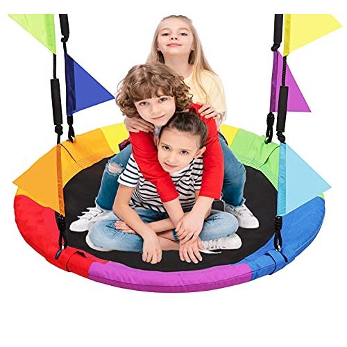  LANGXUN 40 Inch Rainbow Saucer Tree Swing for Kids and Adults, with Carabiners and Flags, 700 lb Weight Capacity, Steel Frame, Waterproof, Outdoor Swing Sets for Backyard