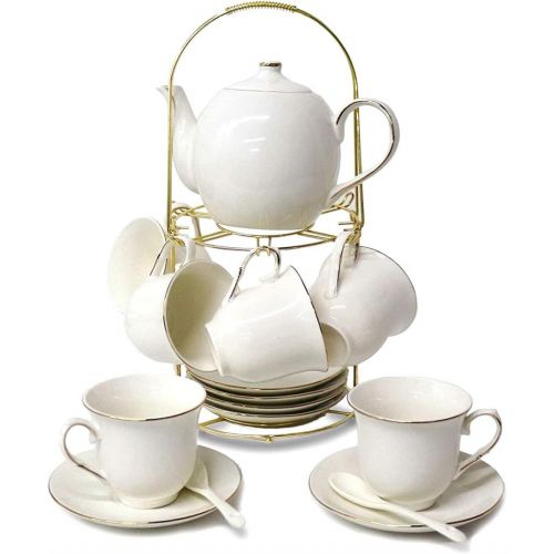  [아마존베스트]LANGY DaGiBayCn 20 Piece European Ceramic Tea Sets,Bone China Coffee Set with Metal Holder，White Tea Set,600ML/Pot,160ML/Cup
