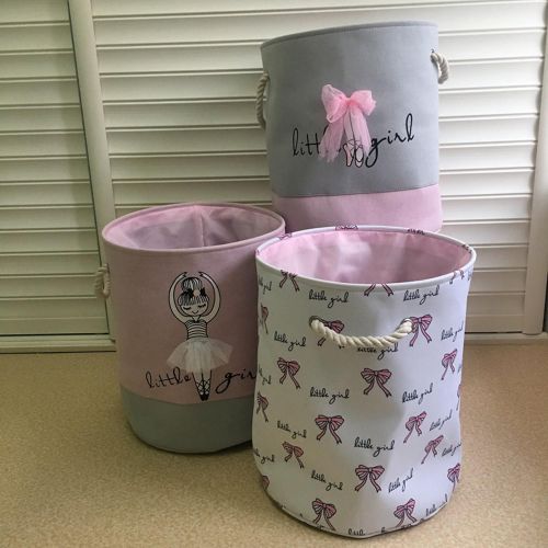  LANGYASHAN Storage Bin，Cotton Collapsible Pink Organizer Basket for Girls Laundry Hamper,Toy Bins,Gift Baskets, Bedroom, Clothes,Baby Nursery(Bowknot)