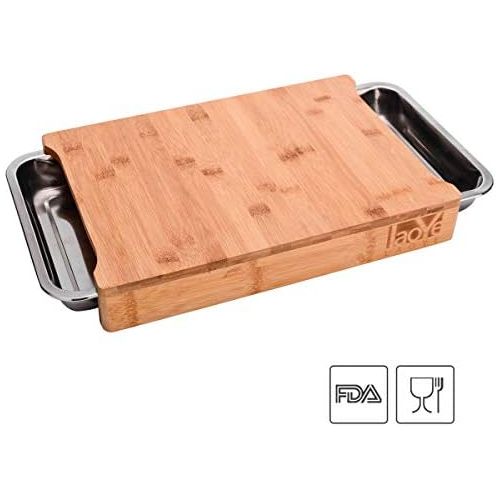  [아마존베스트]LAOYE Chopping Board with 2 Extendible Drawers Bamboo Chopping Board with Crumb Collection Container Stainless Steel Professional Wooden Board with Bowls for Cut and Waste Antibact