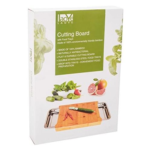  [아마존베스트]LAOYE Chopping Board with 2 Extendible Drawers Bamboo Chopping Board with Crumb Collection Container Stainless Steel Professional Wooden Board with Bowls for Cut and Waste Antibact