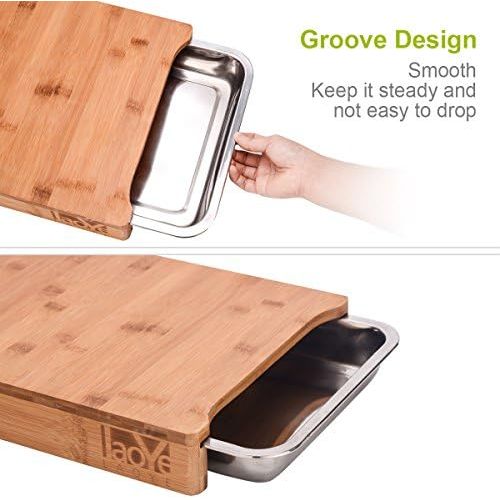  [아마존베스트]LAOYE Chopping Board with 2 Extendible Drawers Bamboo Chopping Board with Crumb Collection Container Stainless Steel Professional Wooden Board with Bowls for Cut and Waste Antibact