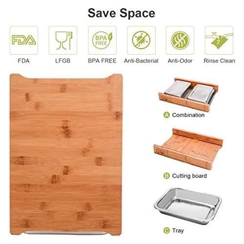  [아마존베스트]LAOYE Chopping Board with 2 Extendible Drawers Bamboo Chopping Board with Crumb Collection Container Stainless Steel Professional Wooden Board with Bowls for Cut and Waste Antibact