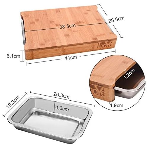  [아마존베스트]LAOYE Chopping Board with 2 Extendible Drawers Bamboo Chopping Board with Crumb Collection Container Stainless Steel Professional Wooden Board with Bowls for Cut and Waste Antibact