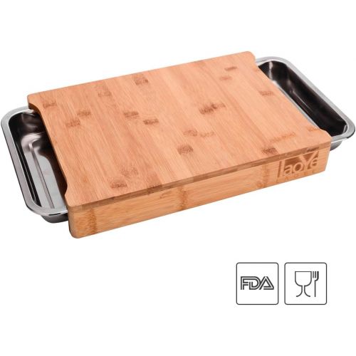  [아마존베스트]LAOYE Chopping Board with 2 Extendible Drawers Bamboo Chopping Board with Crumb Collection Container Stainless Steel Professional Wooden Board with Bowls for Cut and Waste Antibact