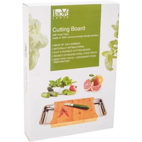  [아마존베스트]LAOYE Chopping Board with 2 Extendible Drawers Bamboo Chopping Board with Crumb Collection Container Stainless Steel Professional Wooden Board with Bowls for Cut and Waste Antibact