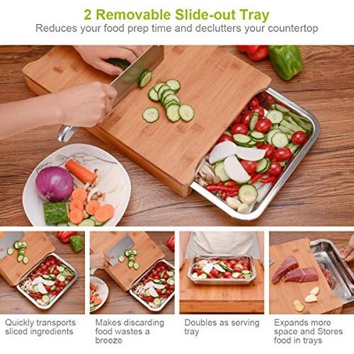  [아마존베스트]LAOYE Chopping Board with 2 Extendible Drawers Bamboo Chopping Board with Crumb Collection Container Stainless Steel Professional Wooden Board with Bowls for Cut and Waste Antibact