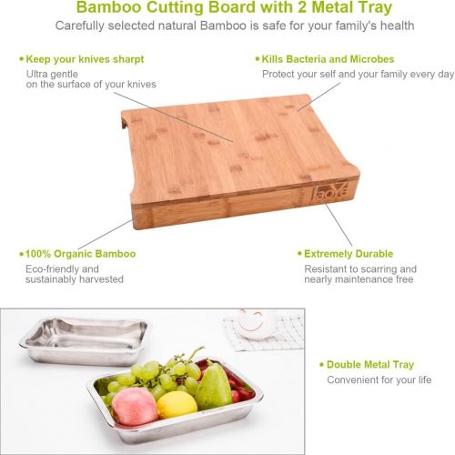  [아마존베스트]LAOYE Chopping Board with 2 Extendible Drawers Bamboo Chopping Board with Crumb Collection Container Stainless Steel Professional Wooden Board with Bowls for Cut and Waste Antibact