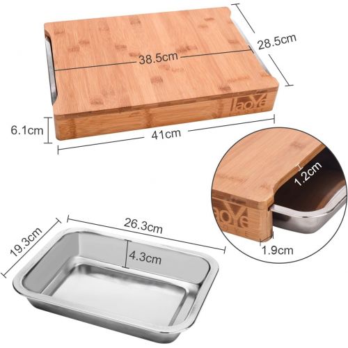  [아마존베스트]LAOYE Chopping Board with 2 Extendible Drawers Bamboo Chopping Board with Crumb Collection Container Stainless Steel Professional Wooden Board with Bowls for Cut and Waste Antibact