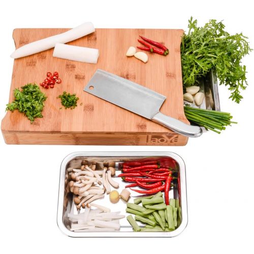  [아마존베스트]LAOYE Chopping Board with 2 Extendible Drawers Bamboo Chopping Board with Crumb Collection Container Stainless Steel Professional Wooden Board with Bowls for Cut and Waste Antibact