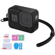 LARRITS Protective Silicone Sleeve Case + Silicone Lanyard + Glass Screen and Lens Protector for GoPro Hero 8 Black (Black)