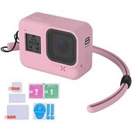 LARRITS Protective Silicone Sleeve Case + Silicone Lanyard + Glass Screen and Lens Protector for GoPro Hero 8 Black (Pink)