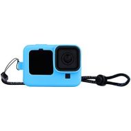 LARRITS Silicone Sleeve + Long Lanyard + Lens Cap with Tempered Glass Screen Protector for GoPro Hero 9 Black (Blue)