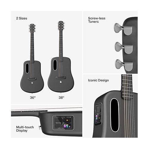 LAVA ME 3 Carbon Fiber Smart Guitars for Adults Teens Beginners, Acoustic-Electric Guitarra with HILAVA OS, w/Space Gig Bag 38'' Grey