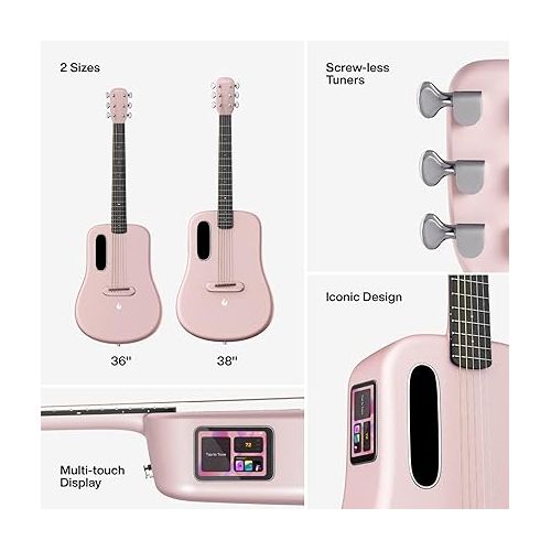  LAVA ME 3 Carbon Fibre Smart Guitars for Adults, Acoustic Practice Guitars w/HILAVA OS, 36'' Pink