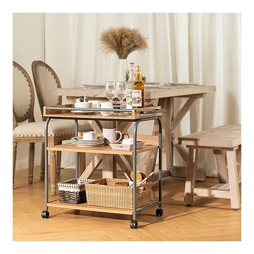  LAVIEVERT Bar Cart, Mobile Wine Cart, Kitchen Serving Cart with Removable Tray, 3-Tier Utility Cart with Wheels and Handle for Home - Light Brown