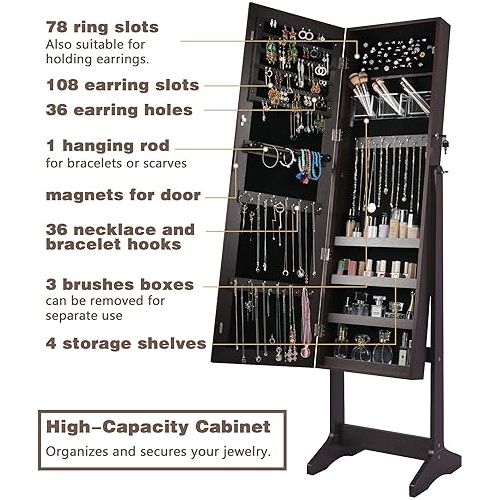  LAVIEVERT Jewelry Cabinet Standing Lockable Jewelry Armoire Jewelry Display Organizer with 47.2in Frameless Full-Length Mirror, Large Storage Capacity, 3 Angel Adjustable - Brown