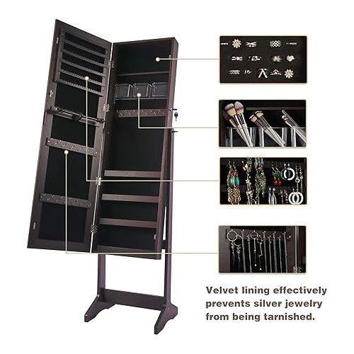  LAVIEVERT Jewelry Cabinet Standing Lockable Jewelry Armoire Jewelry Display Organizer with 47.2in Frameless Full-Length Mirror, Large Storage Capacity, 3 Angel Adjustable - Brown