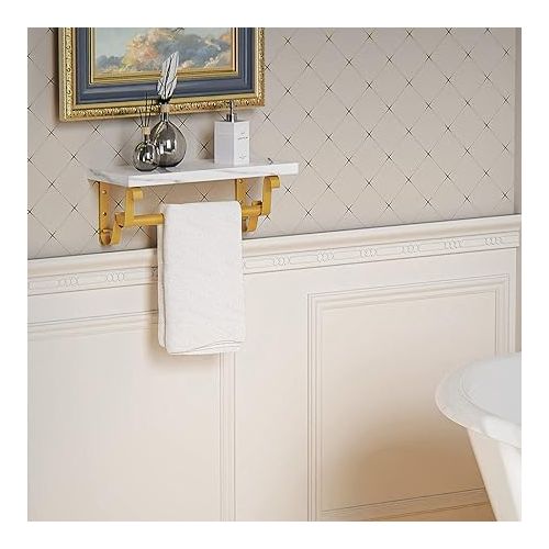  Lavievert Industrial Toilet Paper Holder, Double Roll Toilet Tissue Holder with Rustic Wood Shelf, Wall Mounted Pipe Toilet Paper Dispenser for Bathroom, Washroom, Kitchen - White/Golden