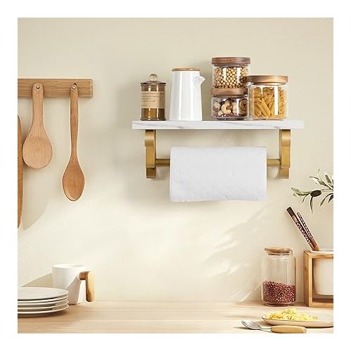  Lavievert Industrial Toilet Paper Holder, Double Roll Toilet Tissue Holder with Rustic Wood Shelf, Wall Mounted Pipe Toilet Paper Dispenser for Bathroom, Washroom, Kitchen - White/Golden