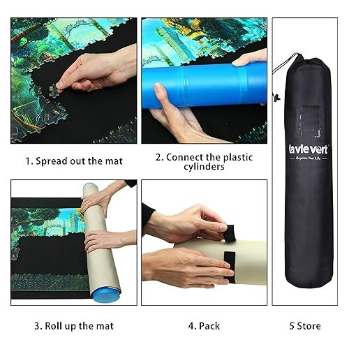  LAVIEVERT Double-Sided Jigsaw Puzzle Mat, 2mm Thick Neoprene Puzzle Roll Mat, Portable Puzzle Board Holder Saver with Storage Bag & Plastic Cylinder Up to 1500 Pieces - Black & Khaki