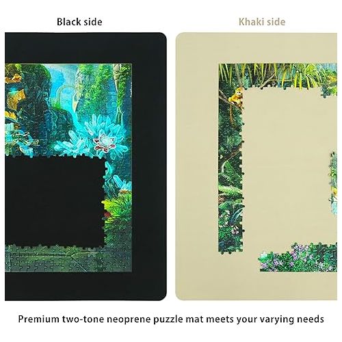  LAVIEVERT Double-Sided Jigsaw Puzzle Mat, 2mm Thick Neoprene Puzzle Roll Mat, Portable Puzzle Board Holder Saver with Storage Bag & Plastic Cylinder Up to 1500 Pieces - Black & Khaki