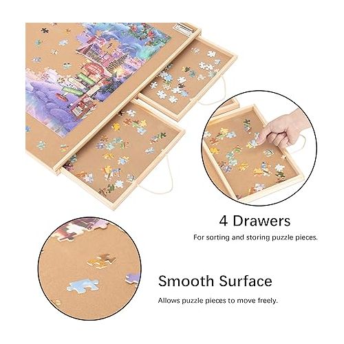 Lavievert 1500 Pieces Jigsaw Puzzle Board with 4 Drawers, Wooden Puzzle Plateau with Puzzle Mat Set and Smooth Surface, Portable Puzzle Table for Adults and Kids