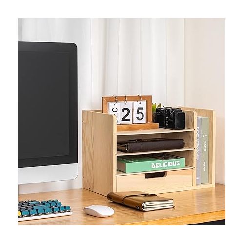  LAVIEVERT Wood Desktop File Holder Organizer Mail Sorter Paper Storage Cabinet with Drawer & 3 Adjustable Shelves for Home & Office - Burly Wood