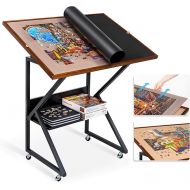 Lavievert Jigsaw Puzzle Table with Cover and Angle & Height Adjustment, Detachable Double-Sided Puzzle Board with Auxiliary Line, Tilting Table with Storage Shelf & 4 Casters for Up to 1500 Pieces