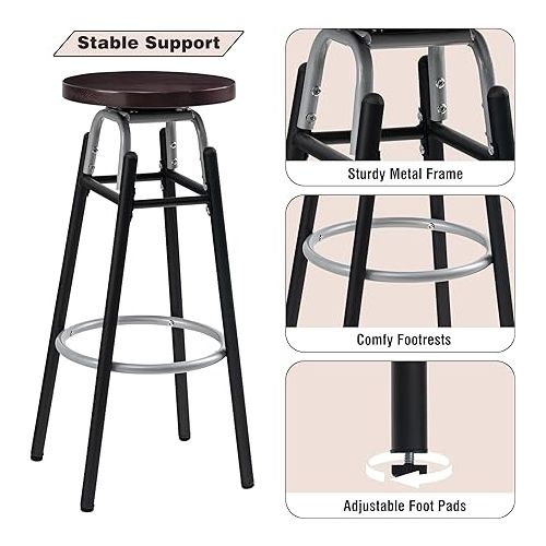  LAVIEVERT Bar Stools Set of 2, Swivel Round BarStools, Industurial Counter Stools Bar Chairs with Metal Footrest & Wood Seat for Kitchen, Dining Room, Home Bar