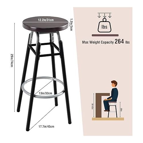  LAVIEVERT Bar Stools Set of 2, Swivel Round BarStools, Industurial Counter Stools Bar Chairs with Metal Footrest & Wood Seat for Kitchen, Dining Room, Home Bar