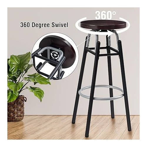  LAVIEVERT Bar Stools Set of 2, Swivel Round BarStools, Industurial Counter Stools Bar Chairs with Metal Footrest & Wood Seat for Kitchen, Dining Room, Home Bar