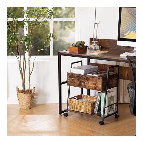  LAVIEVERT File Cabinet with Drawer, Mobile Vertical Filing Cabinet, Industrial Printer Stand Printer Table Cart with Open Storage Shelf and Wheels for Home Office - Rustic Brown