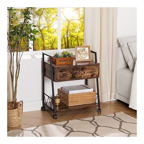  LAVIEVERT File Cabinet with Drawer, Mobile Vertical Filing Cabinet, Industrial Printer Stand Printer Table Cart with Open Storage Shelf and Wheels for Home Office - Rustic Brown