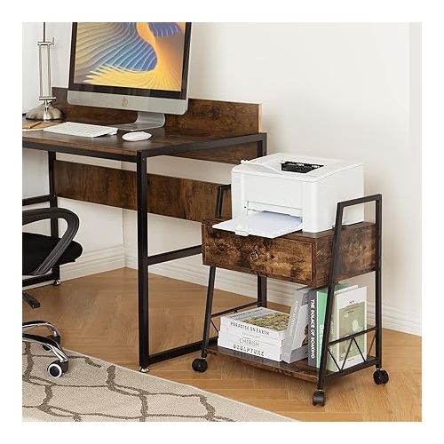  LAVIEVERT File Cabinet with Drawer, Mobile Vertical Filing Cabinet, Industrial Printer Stand Printer Table Cart with Open Storage Shelf and Wheels for Home Office - Rustic Brown