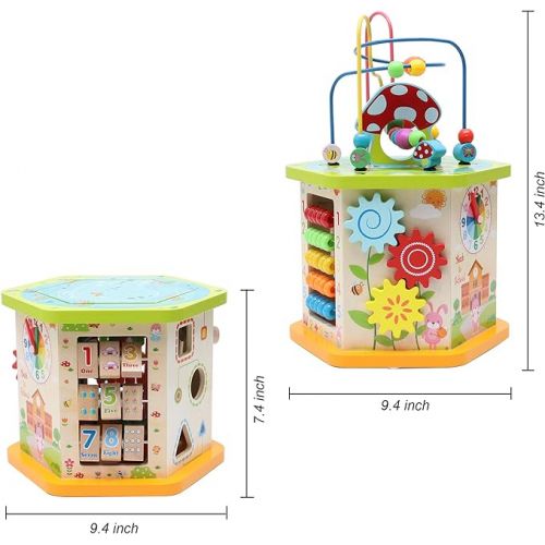  LAVIEVERT 9-in-1 Wooden Play Cube Activity Center Multifunctional Bead Maze Shape Sorter Educational Toys Game for Toddlers & Kids
