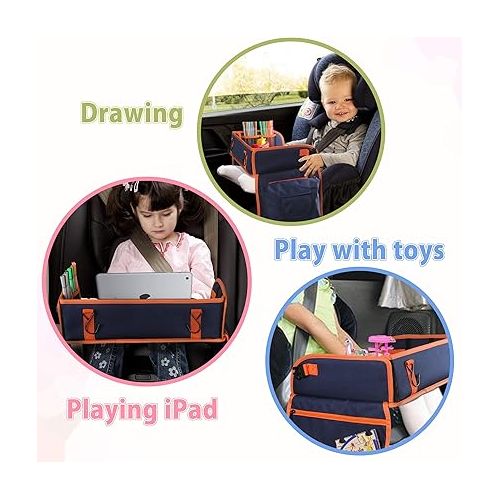  LAVIEVERT Kids Travel Tray, Toddler Car Seat Lap Tray, Eating Snack Tray, Activity Organizer No-Drop Tablet iPad Holder Stand for Stroller, Car, Airplane, Road Trip