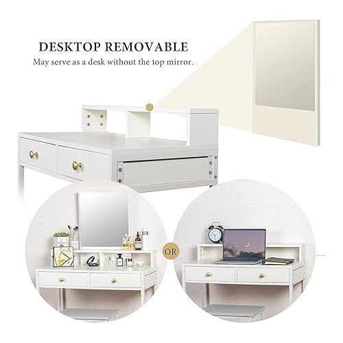  LAVIEVERT Vanity Set with Detachable Mirror, Makeup Vanity Dressing Table for Bedroom, Dresser Desk Writing Desk with Stool, 2 Drawers & Storage Shelves for Women Girls - White