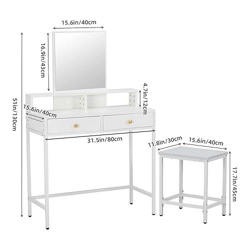  LAVIEVERT Vanity Set with Detachable Mirror, Makeup Vanity Dressing Table for Bedroom, Dresser Desk Writing Desk with Stool, 2 Drawers & Storage Shelves for Women Girls - White