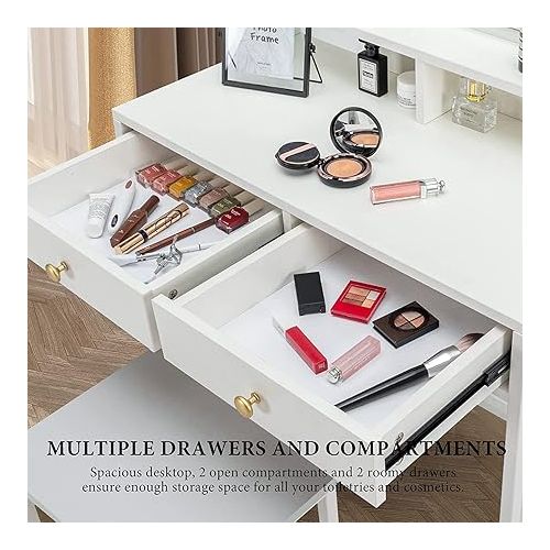  LAVIEVERT Vanity Set with Detachable Mirror, Makeup Vanity Dressing Table for Bedroom, Dresser Desk Writing Desk with Stool, 2 Drawers & Storage Shelves for Women Girls - White