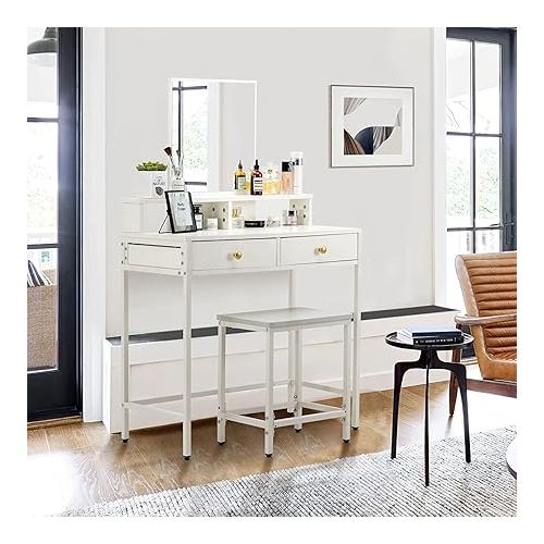  LAVIEVERT Vanity Set with Detachable Mirror, Makeup Vanity Dressing Table for Bedroom, Dresser Desk Writing Desk with Stool, 2 Drawers & Storage Shelves for Women Girls - White