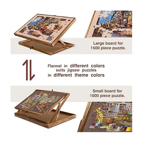  Lavievert 2 in 1 Reversible Jigsaw Puzzle Board, Angle & Height Adjustable Wooden Puzzle Plateau Easel for Adults, Portable Tilting Table with Non-Slip Surface for 1000 & 1500 Piece Puzzles