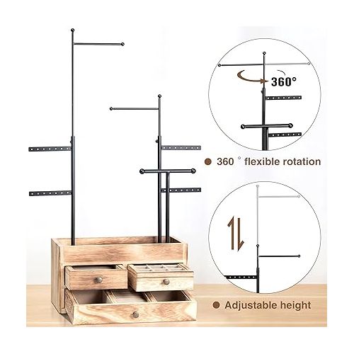  LAVIEVERT Jewelry Organizer Tower with Double-Layer Wooden Drawer Storage Box, 7 Tier Jewelry Tree Stand Jewelry Display for Necklaces, Bracelets, Earrings and Rings